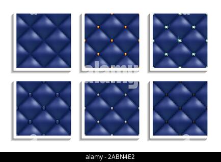 Seamless vector patterns of blue leather upholstery with gold, silver, diamond buttons. Luxury textures of vintage furniture Stock Vector
