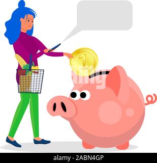 Woman holds smartphone and putting big coin into piggy bank. Concept art of cash back, discount, saving while spending. Isolated on white background Stock Vector