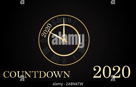 New Year, Clock golden design With roman dial a few minutes from 2019 Countdown to 2020. Happy NEW YEAR Merry Christmas greeting card on black backgro Stock Vector