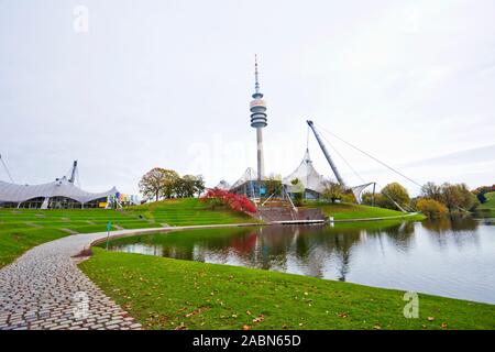 Panorama of Olympic park in Munich town, Germany. Stock Photo