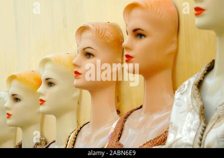 Line of Rubber Dressmakers Dummies or Mannequins in Women's Clothes Shop Fes or Fez Morocco Stock Photo