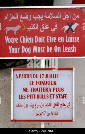American Fondouk or Veterinary Clinic Sign with Instructions for Dog Owners Fez Morocco. Dogs on Lead. No Pit Bulls or Staffordshire Bull Terriers Stock Photo