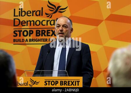 London / UK – November 28, 2019: Clive Cowdery, founder of the Resolution Foundation, urges conservative-minded voters to back the Liberal Democrats, at an event during the general election campaign Stock Photo