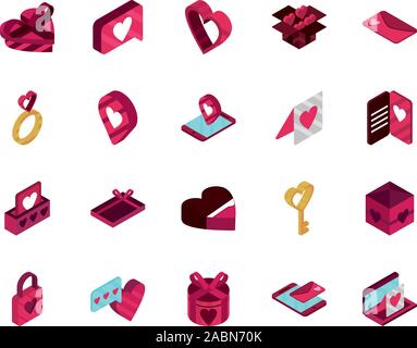 happy valentines day romantic isometric icons collection vector illustration Stock Vector