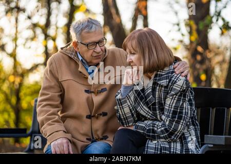 Senior couple is sitting on bench in park and talking. Stock Photo