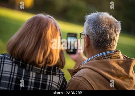 Senior couple is sitting on bench in park and enjoying autumn. Stock Photo