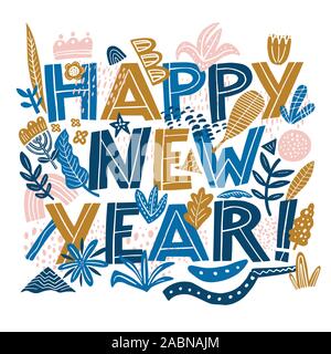 Happy new year banner in collage style. Vector hand drawn illustration. Stock Vector