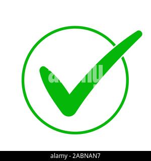 Green check mark icon in a circle. Tick symbol in green color. Stock Vector