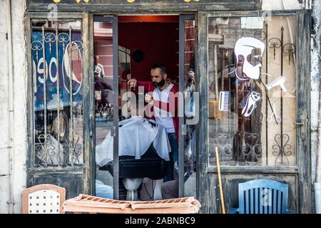 Barber in the Souk Area, Sidon or Saida, Lebanon Stock Photo