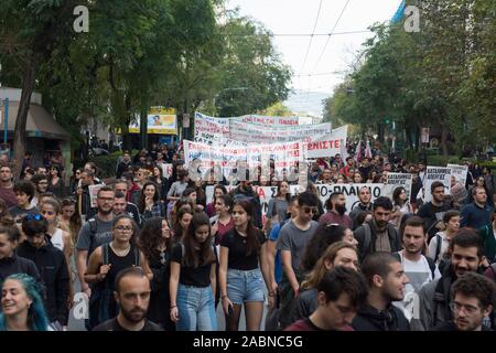 Athens, Greece. 28th Nov 2019. Students rally holding banners and shout slogans against the government and the minister of education. Thousands university students took to the streets to demonstrate against reforms in education, police repression as well as the abolition of the universities’ asylum law. © Nikolas Georgiou / Alamy Live News Stock Photo