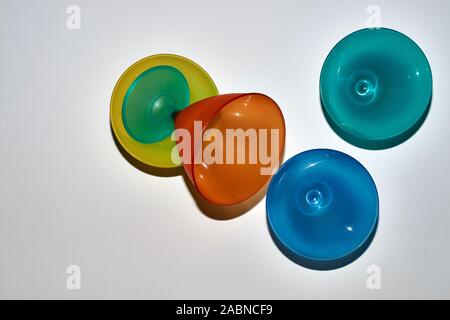 yellow, blue mug from top to bottom, top-down photographed Stock Photo
