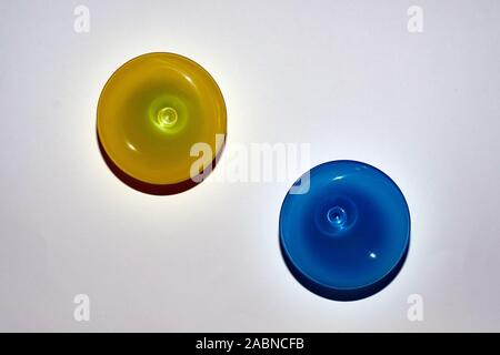 yellow, blue mug from top to bottom, top-down photographed Stock Photo