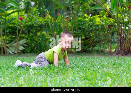 Sweet Sad Toddler Boy Crying in the Grass Stock Photo