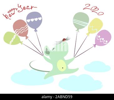 Rat with balloons flies above the clouds.The image for the New Year, greeting card on light background. EPS10 vector illustration. Chinese translation Stock Vector