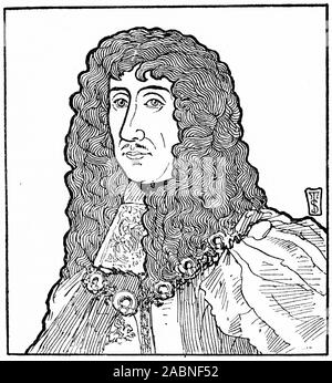 Engraved portrait of Charles II (1630 – 1685) king of England, Scotland, and Ireland. He was king of Scotland from 1649 until his deposition in 1651, and king of England, Scotland and Ireland from the 1660 Restoration of the monarchy until his death.