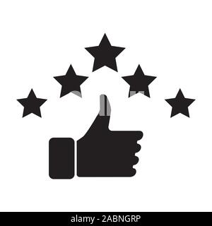 Hand and star signage design trendy. Like black icon. Thumbs up illustration. Good, nice, ok hand gesture. Social media button. Rating, ranking. Conto Stock Vector