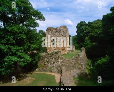 View ENE from the West Tower of Ewloe Castle, Flintshire, Wales, UK, to the C13th D-shaped Welsh Tower in the upper ward. Stock Photo