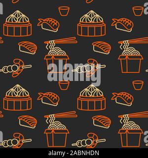 Vector pattern design template asian food - noodles, dim sum, soup, sushi. Linear icon. Stock Vector