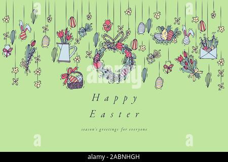 Easter eggs composition. Colorful linear icons on white background. Hanging Easter ornamental eggs. Happy Easter greeting card. Stock Vector