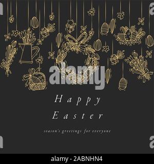 Easter eggs composition. Colorful linear icons on white background. Hanging Easter ornamental eggs. Happy Easter greeting card. Stock Vector