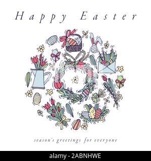 Easter eggs composition. Colorful linear icons on white background. Hanging Easter ornamental eggs. Happy Easter greeting card. Stock Vector