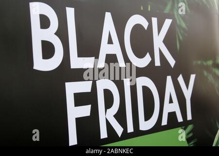 Munich, Germany. 28th Nov, 2019. Black Friday is advertised in the shop window of a store in downtown Munich. Credit: Jennifer Weese/dpa/Alamy Live News Stock Photo