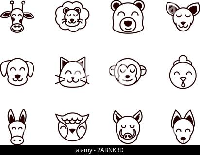 cute face animals cartoon icon on white background thick line Stock Vector