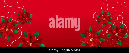 Merry Christmas background with Christmas flower poinsetia and greeting text on a red background for poster, banners, flyers, card. Stock Vector