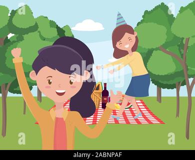 Women cartoons having picnic design, Food party summer outdoor leisure healthy spring lunch and meal theme Vector illustration Stock Vector