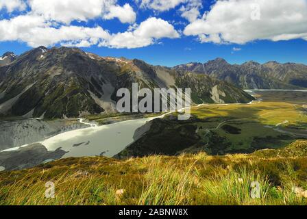 Mueller Lake und Hooker River, Hooker Valley, Mt. Cook Nationalpark, Suedalpen, Weltnaturerbe South West New Zealand, Canterbury, Suedinsel Neuseeland Stock Photo