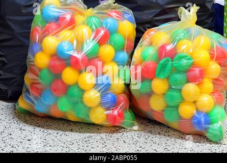 two large bags of plastic balls during the collection of the plastic used in recycling Stock Photo
