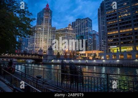 The Wrigley Building, a 1924 landmark skyscraper and clocktower, Chicago, Illinois, USA Stock Photo