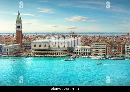 Venice aerial view, Piazza San Marco or st Mark square, Campanile and Ducale or Doge Palace and Santa Maria della Salute church. Italy, Europe. Stock Photo