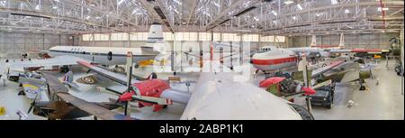 Panoramic view of the War In The Air Exhibition at Cosford Air Museum Shropshire taken from the upper walkway Stock Photo