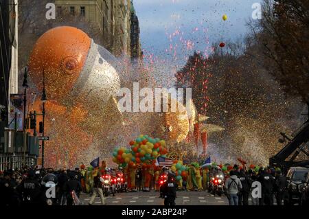 New York, United States. 28th Nov, 2019. Fireworks and confetti fill the air at the start of the 93rd Macy's Thanksgiving Day Parade in New York City on Thursday, November 28, 2019. The parade started in 1924, tying it for the second-oldest Thanksgiving parade in the United States with America's Thanksgiving Parade in Detroit. Photo by Peter Foley/UPI Credit: UPI/Alamy Live News Stock Photo