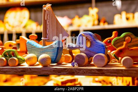 Stand with wooden toys Christmas tree decoration Riga reflex Stock Photo