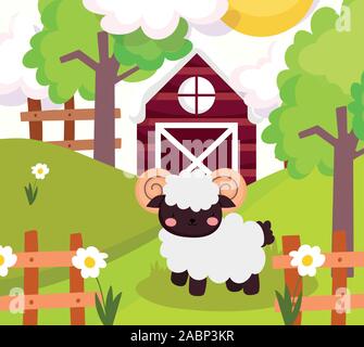 cow and sheep the wooden fence flowers farm animals vector illustration ...