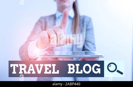 Writing note showing Travel Blog. Business concept for Sharing thoughts and experiences of the places around the world Digital business concept with b Stock Photo