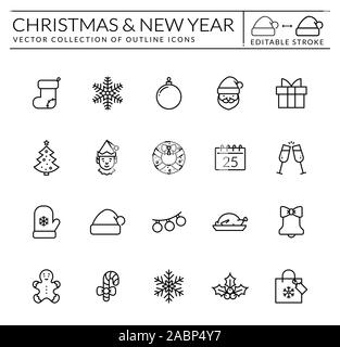 Christmas and New Year line icon set. Outline vector collection. Xmas and Season's Greetings symbols isolated on white background. Editable stroke. Stock Vector