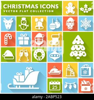 Christmas and New Year flat icons. Winter holiday set: Santa, snowman, gingerbread, Christmas tree, snowflake, deer, gifts. White symbols. Vector. Stock Vector