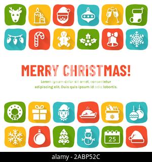 Merry Christmas banner or greeting card with flat icons and copy space. Vector background with holiday symbols and place for text. Stock Vector