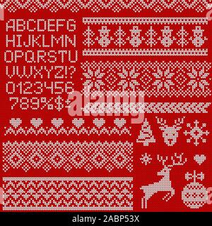 Knitted sweater patterns, elements and alphabet for Christmas, New Year or winter design. Vector set of scandinavian ornaments, letters and symbols. Stock Vector