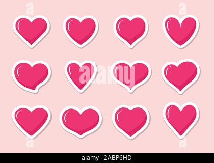 Set of pink heart shaped stickers. Valentine s Day decoration. Collection of different romantic vector heart icons for web site, sticker, label, tatto Stock Vector