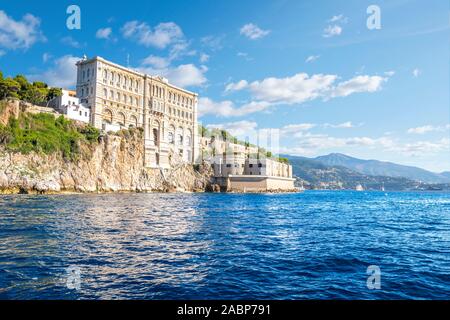 View from the sea of the Monaco Aquarium Oceanographic Museum of marine sciences in Monaco-Ville, Monaco. Stock Photo