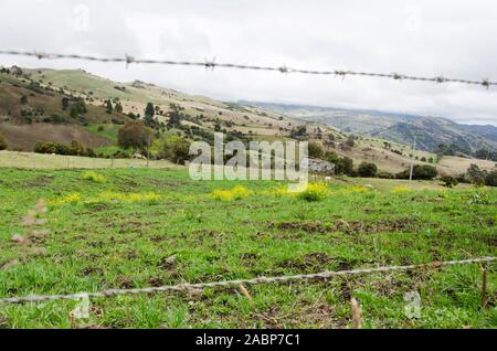 Colombian landscape seen through a barbed wire fence, mountainous meadow in different shades of green under a cloudy sky, in Usme, Cundinamarca, Colom Stock Photo