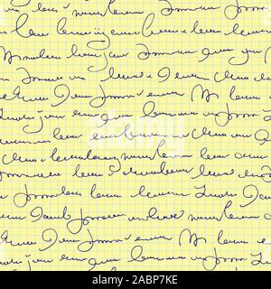 Handwritten abstract text seamless pattern, vector monochrome notebook sheet of paper script background Stock Vector