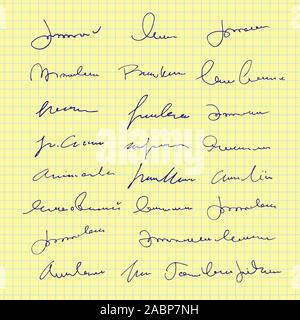 Abstract handwritten signatures for design documents, sheet of paper with vector unreadable script, calligraphy for mockup Stock Vector