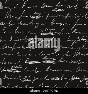 Handwritten abstract text with mistakes and misprints seamless pattern, vector monochrome script background, scribbles and blots in another group Stock Vector