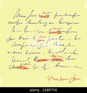 Abstract sheet of paper with handwritten text, note with with mistakes and misprints and signature, hand drawn vector unreadable script Stock Vector