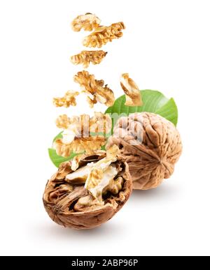 walnuts with falling pieces and leaves isolated on a white background. Stock Photo